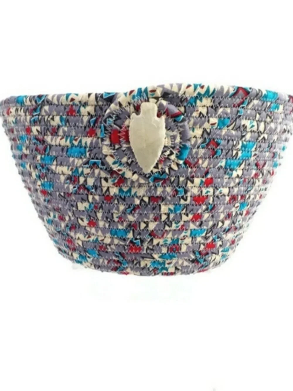 Handcrafted Southwest Fabric Wrapped Rope Bowl Multicolor Arrowhead Boho Decor
